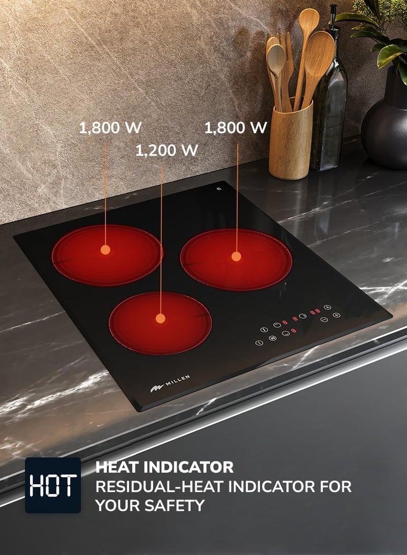 MILLEN Built in Electric hob, 45 cm Black Glass, 3 Heating Zones, 4800W, Touch Control, 3 Year Warranty MEH 451 BL - Image 2