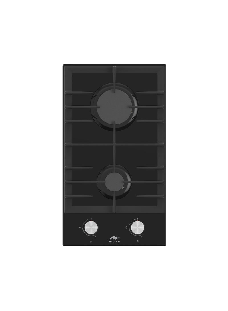 MILLEN 30 cm Built-in 2 Burners Gas Hob - Glass Finish, 3900 Watts, Mechanical and Electric Ignition Control, 3 Year Warranty MGHG 3001 BL Black - Image 1