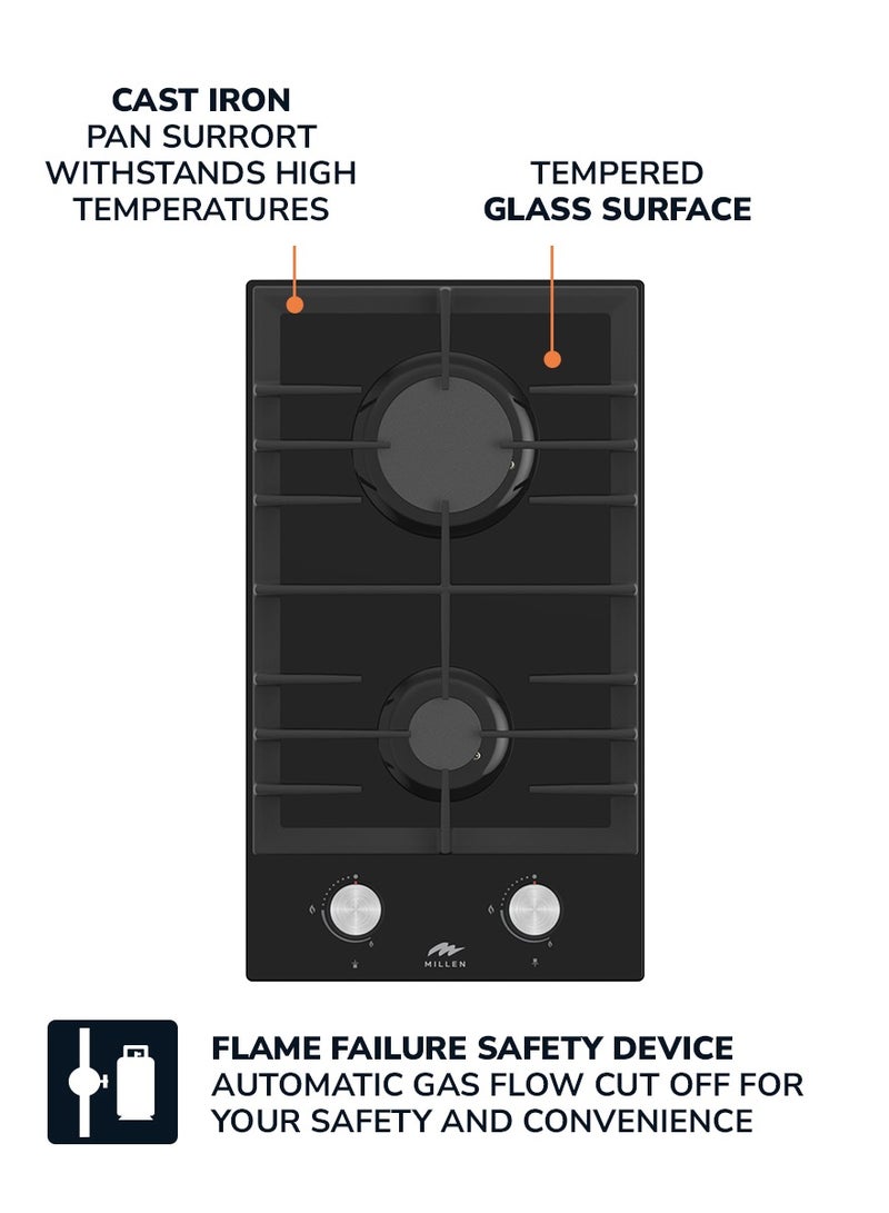 MILLEN 30 cm Built-in 2 Burners Gas Hob - Glass Finish, 3900 Watts, Mechanical and Electric Ignition Control, 3 Year Warranty MGHG 3001 BL Black - Image 5
