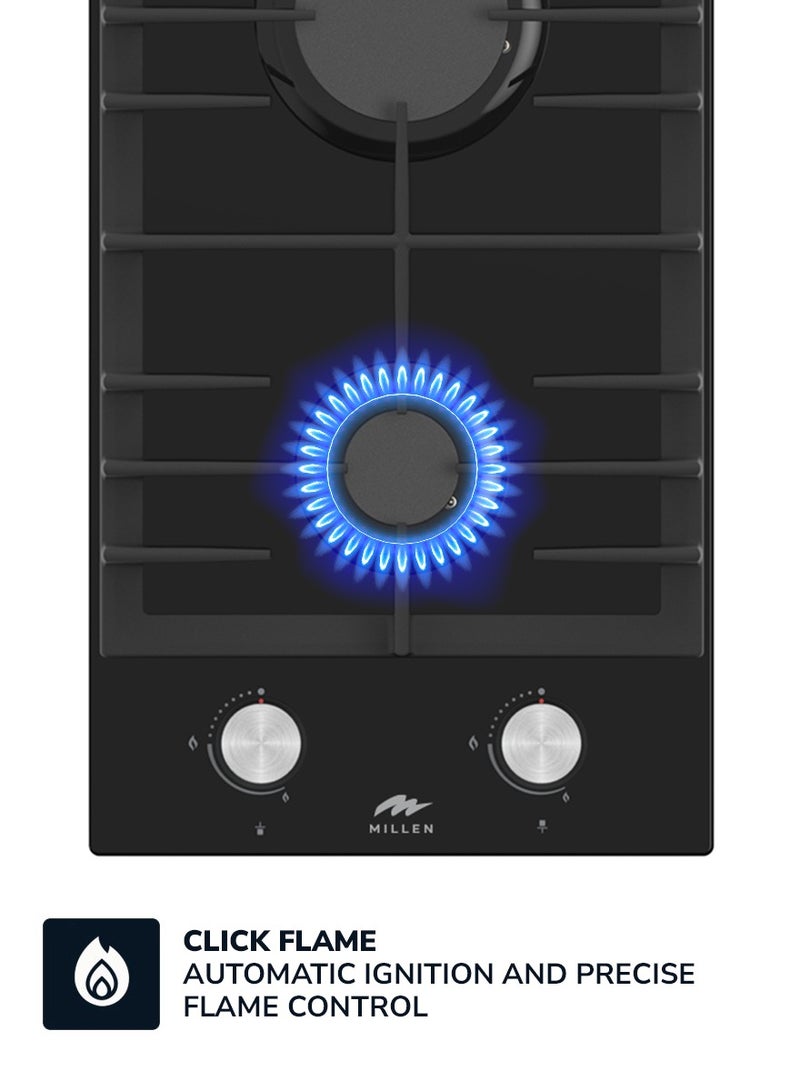 MILLEN 30 cm Built-in 2 Burners Gas Hob - Glass Finish, 3900 Watts, Mechanical and Electric Ignition Control, 3 Year Warranty MGHG 3001 BL Black - Image 3