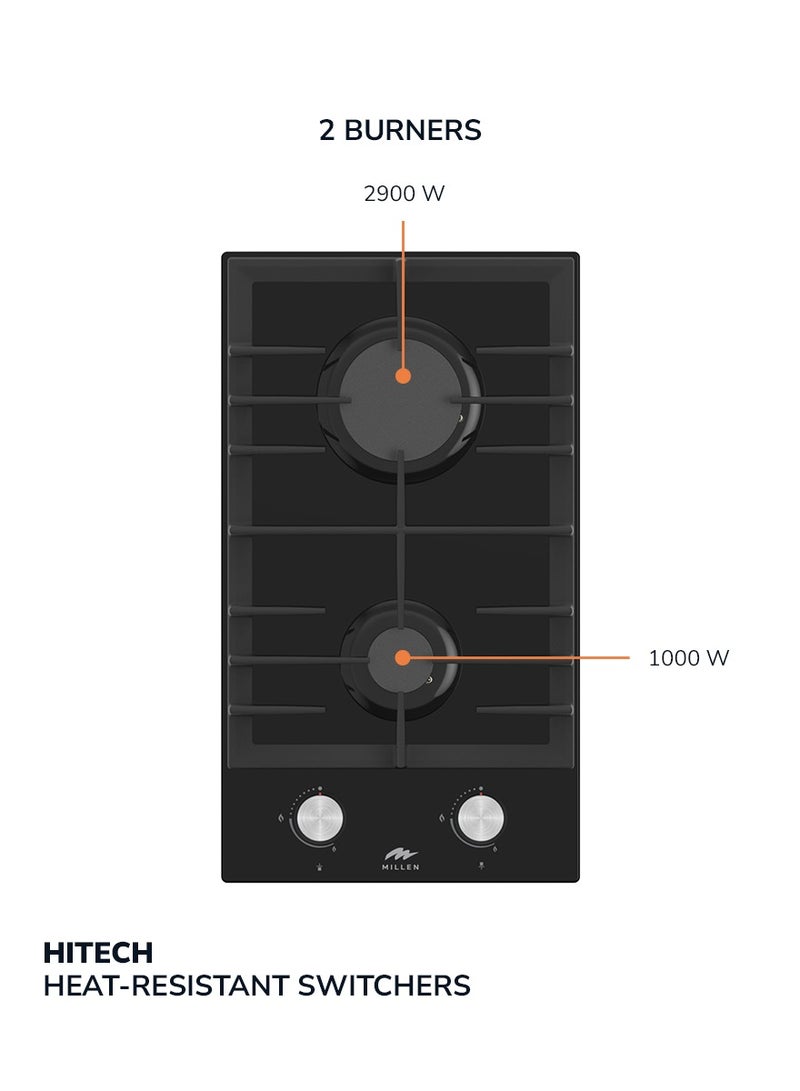 MILLEN 30 cm Built-in 2 Burners Gas Hob - Glass Finish, 3900 Watts, Mechanical and Electric Ignition Control, 3 Year Warranty MGHG 3001 BL Black - Image 4