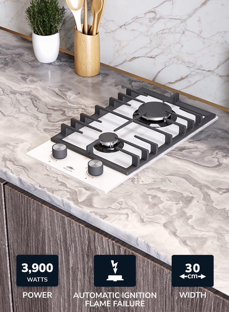 MILLEN 30 cm Built-in 2 Burners Gas Hob - Glass Finish, 3900 Watts, Mechanical and Electronic Ignition Control, 3 Year Warranty MGHG 3001 WH - Image 2