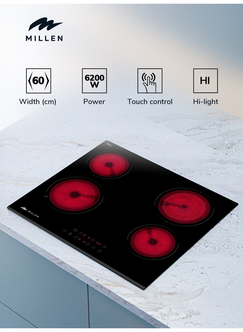 ميلين موقد سيراميك مدمج 60 سم مع وظيفة التعزيز وزجاج إيطالي - - Image 2