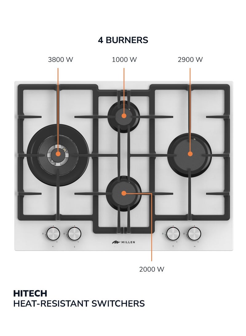 MILLEN 65 cm Built In White Glass Gas Hob with SABAF Burners - 3 Years Warranty, MGHG 6502 WH White - Image 4