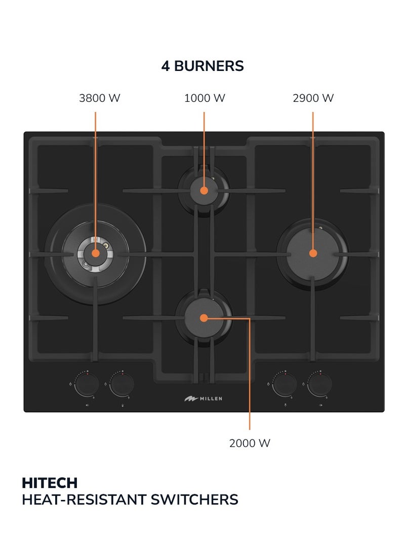 MILLEN MILLEN 65 cm Built In Black Glass Gas Hob with SABAF Burners -3 Years Warranty, MGHG 6503 BL MGHG 6503 BL Full Back  - Image 4