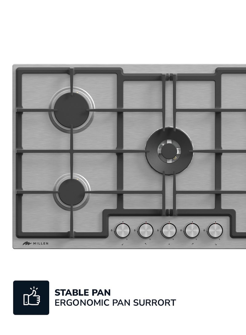 MILLEN 90 cm Built-in 5 Burners Gas Cooktop - Stainless-Steel Finish, 12100 Watts, Mechanical and Electronic Ignition Control, 3 Year Warranty MGH 9001 IX Stainless steel - Image 3