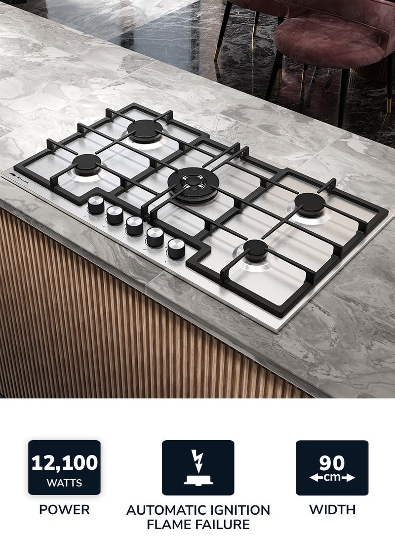 MILLEN 90 cm Built-in 5 Burners Gas Cooktop - Stainless-Steel Finish, 12100 Watts, Mechanical and Electronic Ignition Control, 3 Year Warranty MGH 9001 IX Stainless steel - Image 2