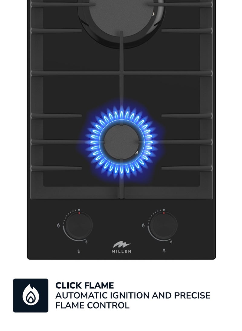 MILLEN MILLEN 30 cm Built In Glass Gas Hob with 2 SABAF burners -3 Year Warranty, MGHG 3002 BL MGHG 3002 BL Full Black  - Image 3
