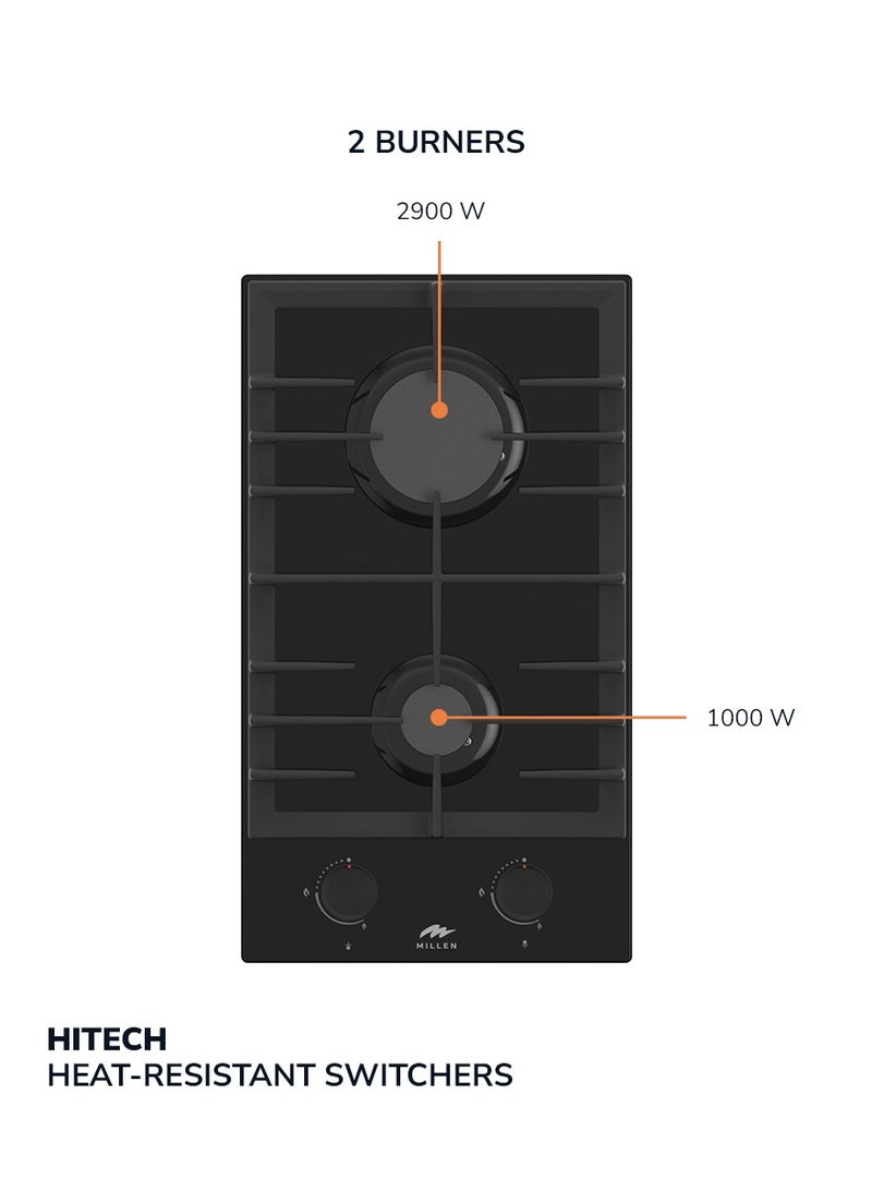 MILLEN MILLEN 30 cm Built In Glass Gas Hob with 2 SABAF burners -3 Year Warranty, MGHG 3002 BL MGHG 3002 BL Full Black  - Image 4