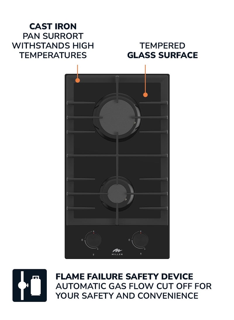 MILLEN MILLEN 30 cm Built In Glass Gas Hob with 2 SABAF burners -3 Year Warranty, MGHG 3002 BL MGHG 3002 BL Full Black  - Image 5