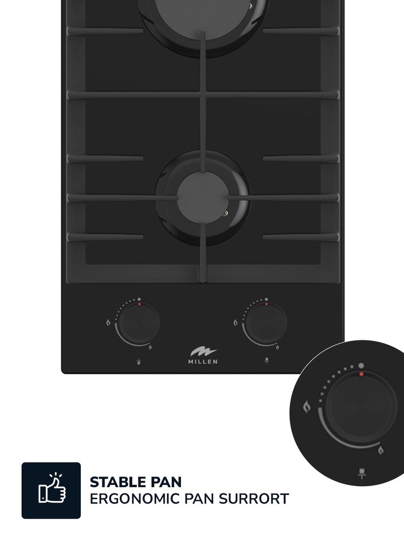 MILLEN MILLEN 30 cm Built In Glass Gas Hob with 2 SABAF burners -3 Year Warranty, MGHG 3002 BL MGHG 3002 BL Full Black  - Image 2