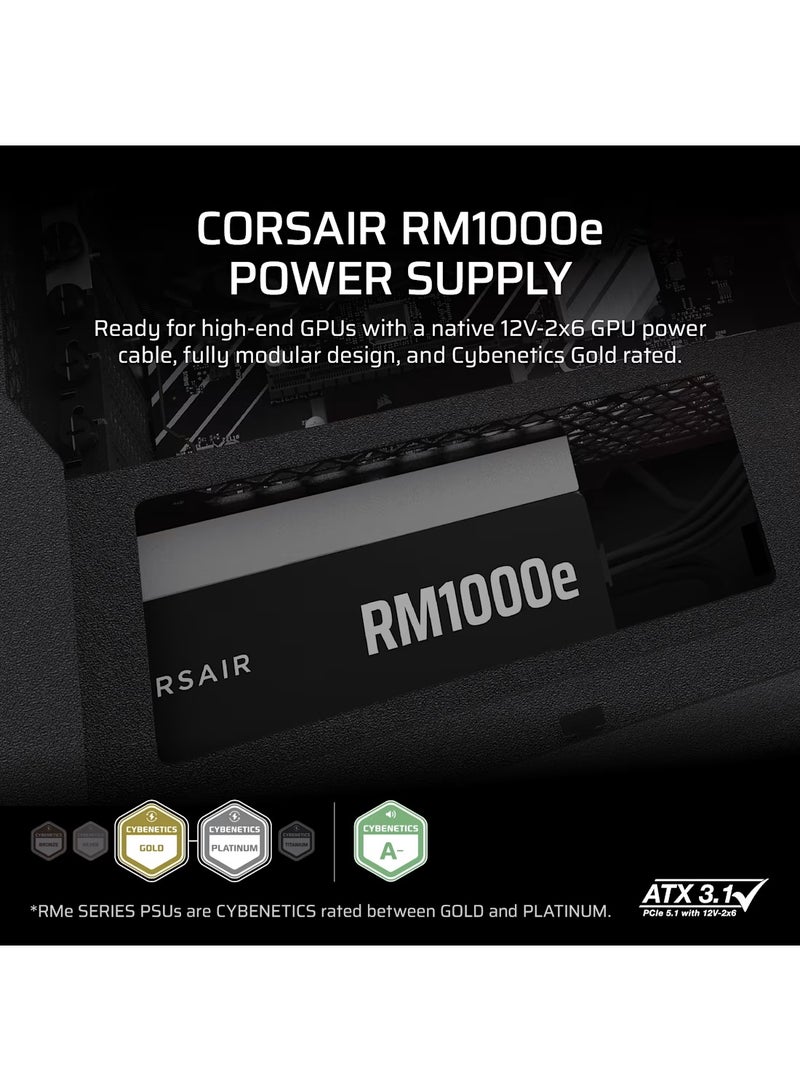 CORSAIR RM1000e 1000W 80+ Gold Fully Modular ATX 3.1 Power Supply, PCIe 5.1 Ready with 600W 12V-2x6 Cable, Low Noise Zero RPM Fan Mode, Compact 140mm Design, Rifle Bearing Fan, 105°C Rated Capacitors, Black | CP-9020297-UK - Image 2