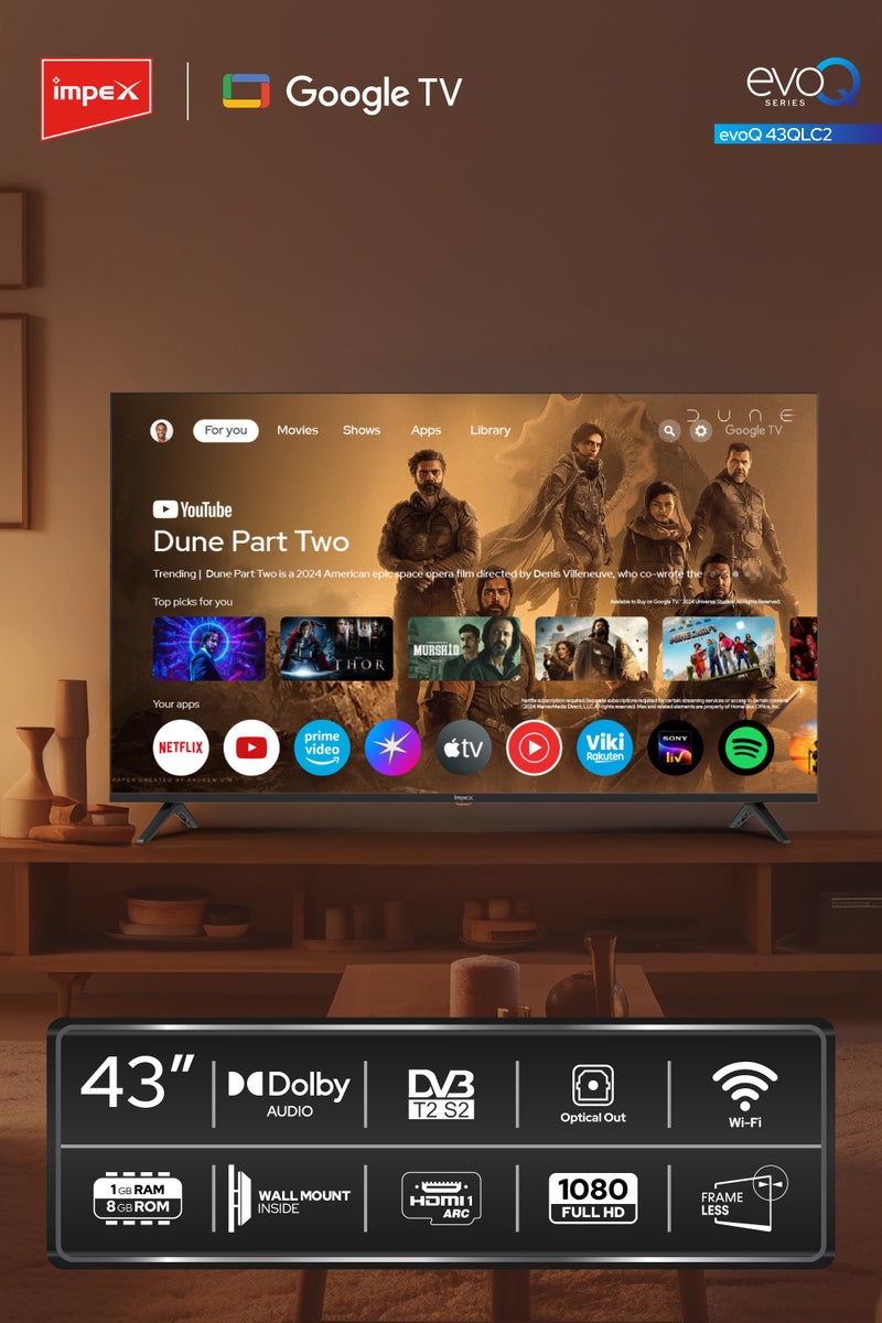 إمبكس تلفاز جوجل QLED بدقة 43 بوصة Full HD | جهاز تحكم صوتي مع مساعد جوجل | تصميم فائق النحافة بدون إطار | GoogleCast مدمج | 4xHDMI، 2xUSB | 1GB RAM، 8GB ROM | لوحة من الدرجة A+ | زاوية مشاهدة واسعة | Evoq43QLC - Image 2