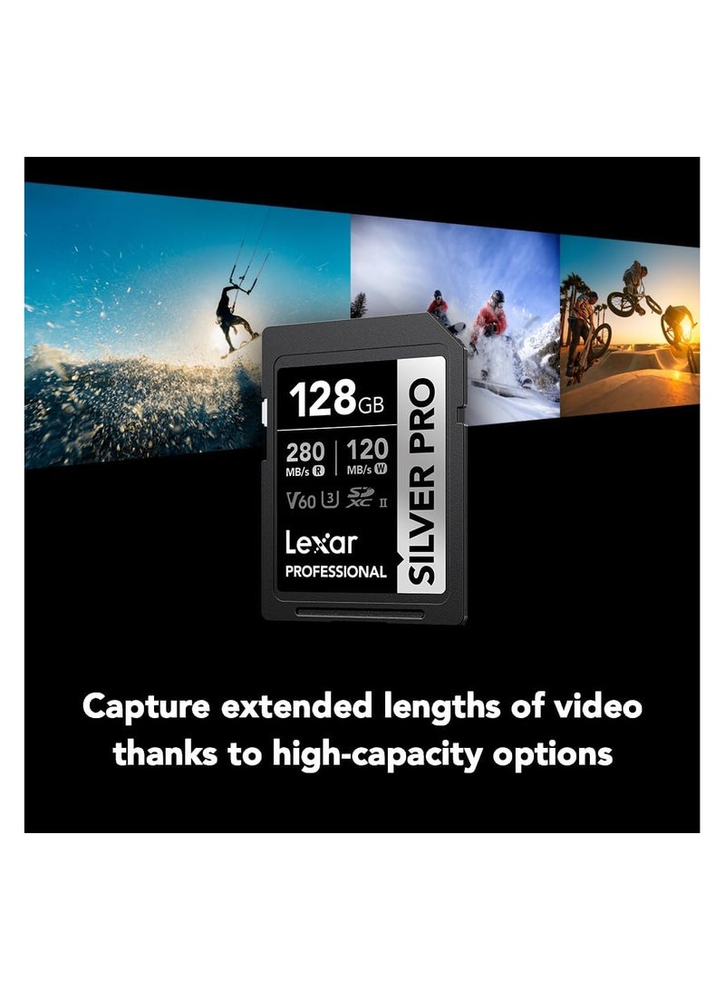 Lexar Professional Silver Pro Sdxc Uhs-Ii Card, Up To 280mb/S Read, 120mb/S Write, C10 U3 V60 (Lsdsipr128g-Bnnng) 128 GB - Image 1