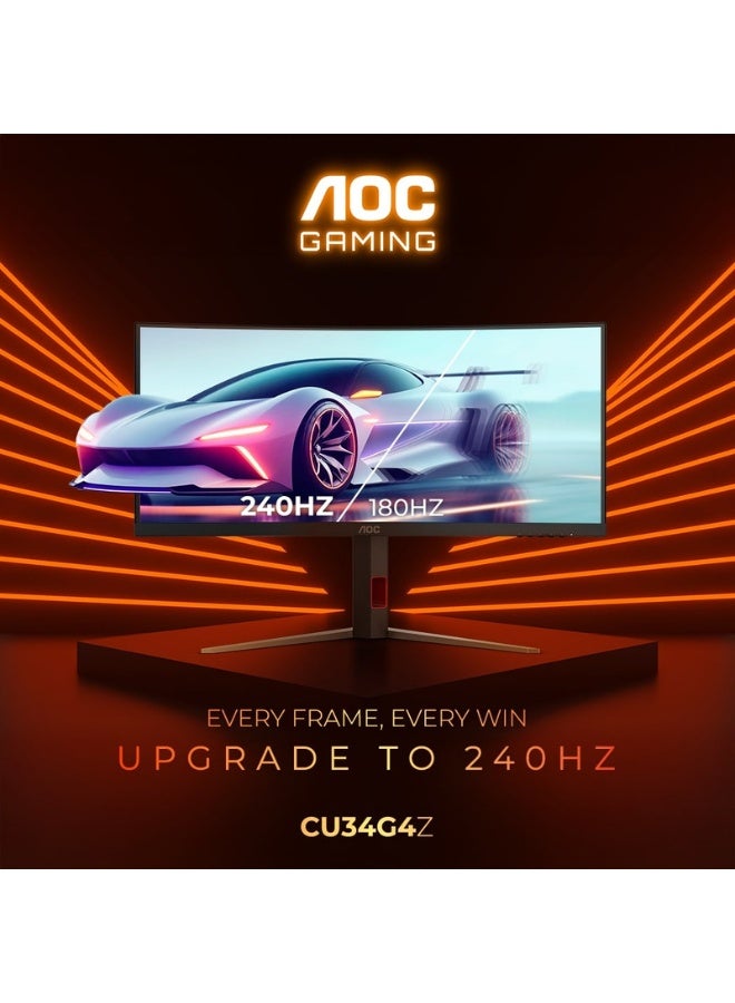 AOC CU34G4Z 34-Inch 1500R Curved Gaming Monitor, WQHD 3440×1440, 240Hz, 0.03ms MPRT, Fast VA Panel, DisplayHDR 400, HDMI 2.1, DP 1.4, USB Hub, Adaptive Sync, Height Adjustable Stand – Black & Red - Image 1