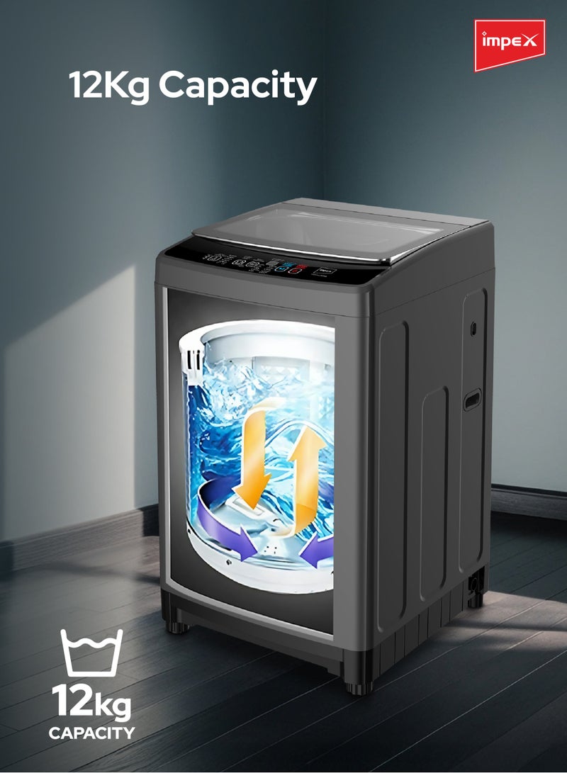 إمبكس غسالة ملابس أوتوماتيكية بالكامل سعة 12 كجم | مدخل مزدوج (ساخن/بارد) | 10 برامج غسيل | قفل أمان للأطفال | إعادة تشغيل تلقائية | هيكل معدني | مقاومة للماء | صينية مسحوق الغسيل | للاستخدام المنزلي والتجاري | رمادي داكن | WM1200TMG - Image 5