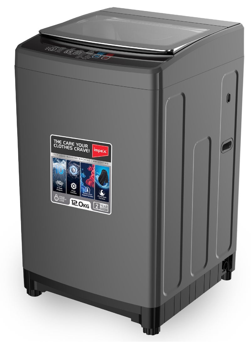 إمبكس غسالة ملابس أوتوماتيكية بالكامل سعة 12 كجم | مدخل مزدوج (ساخن/بارد) | 10 برامج غسيل | قفل أمان للأطفال | إعادة تشغيل تلقائية | هيكل معدني | مقاومة للماء | صينية مسحوق الغسيل | للاستخدام المنزلي والتجاري | رمادي داكن | WM1200TMG - Image 1