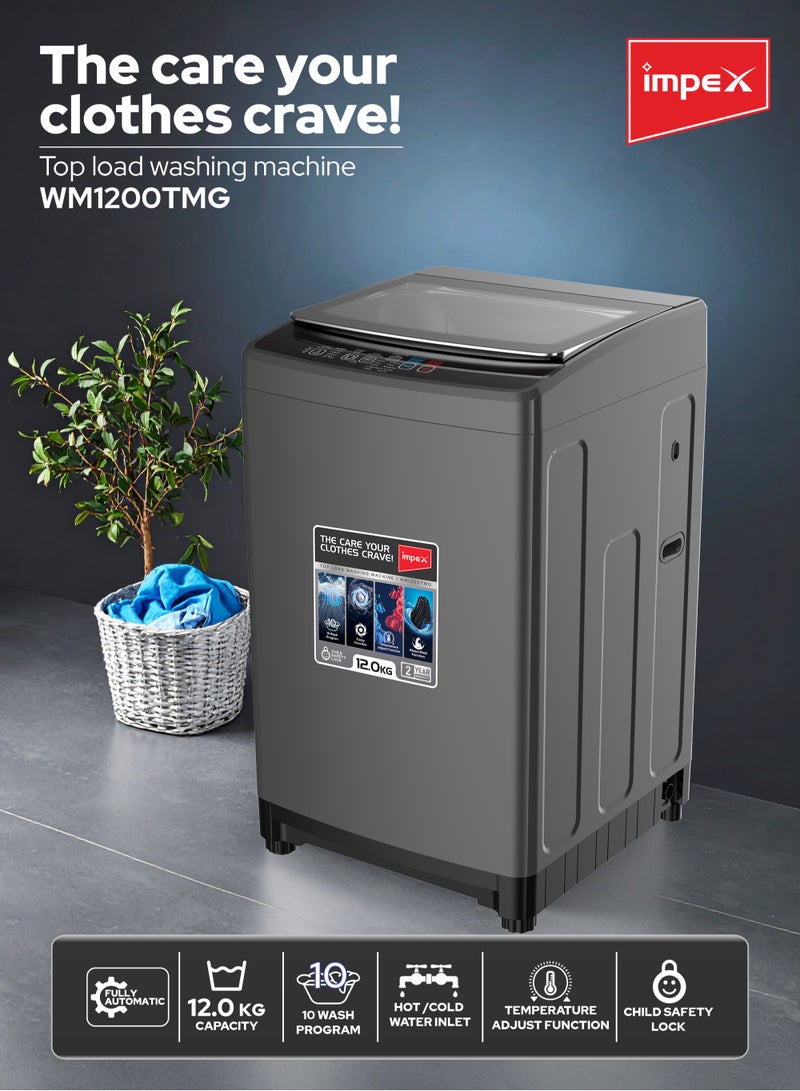 إمبكس غسالة ملابس أوتوماتيكية بالكامل سعة 12 كجم | مدخل مزدوج (ساخن/بارد) | 10 برامج غسيل | قفل أمان للأطفال | إعادة تشغيل تلقائية | هيكل معدني | مقاومة للماء | صينية مسحوق الغسيل | للاستخدام المنزلي والتجاري | رمادي داكن | WM1200TMG - Image 2