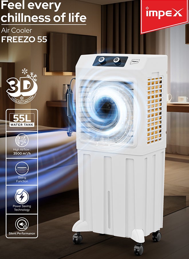 إمبكس مبرد هواء سعة 55 لتر مع وسائد خلوية ثلاثية الجوانب | تدفق هواء قوي | متوافق مع العاكس | تشغيل صامت | دوران تلقائي | عجلات دوارة | حماية المضخة | تغطية مساحة 250 قدم مربع | مثالي للمنازل والمكاتب والمتاجر وغيرها | فريزو55 - Image 2