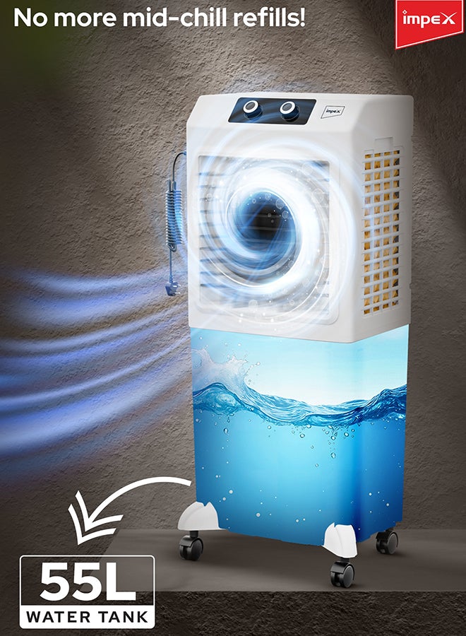 إمبكس مبرد هواء سعة 55 لتر مع وسائد خلوية ثلاثية الجوانب | تدفق هواء قوي | متوافق مع العاكس | تشغيل صامت | دوران تلقائي | عجلات دوارة | حماية المضخة | تغطية مساحة 250 قدم مربع | مثالي للمنازل والمكاتب والمتاجر وغيرها | فريزو55 - Image 3