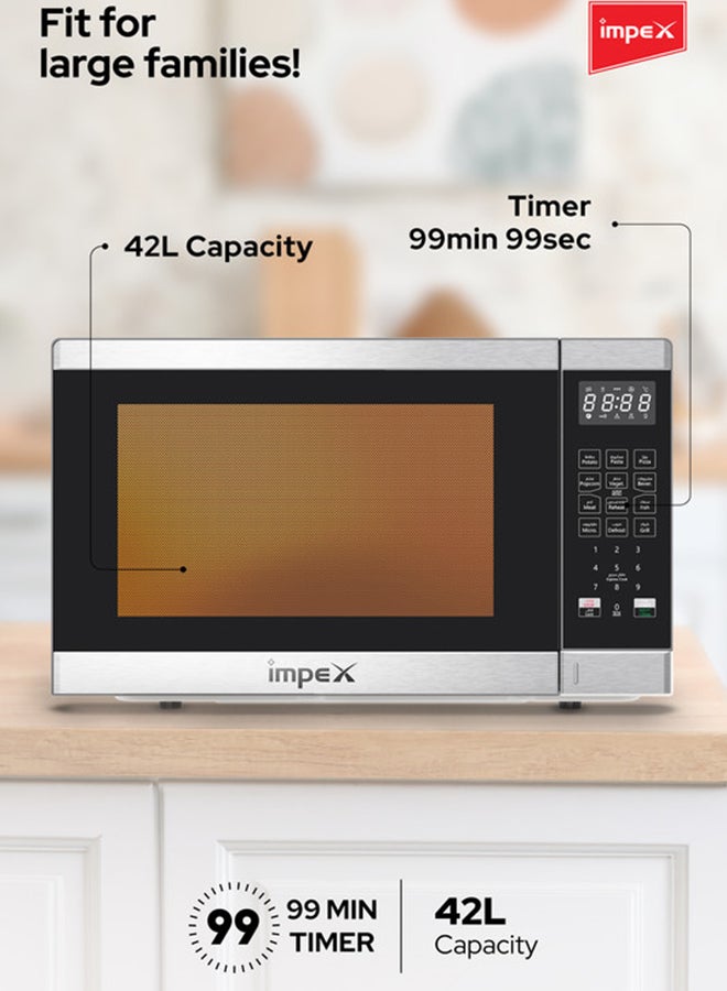 Impex Digital Microwave Oven | Large Capacity Oven | 12 Preset Menus, 10 Power Levels | Turnable Glass Tray | Cooking Completion Alert | 99 Minutes Cooking Timer | 1400W Grill & 1000W Output Power - 42 L 1400 W MO8142DGB Silver And Black - Image 3