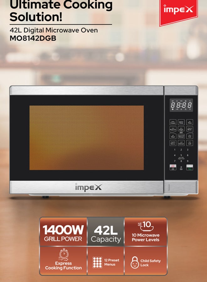 Impex Digital Microwave Oven | Large Capacity Oven | 12 Preset Menus, 10 Power Levels | Turnable Glass Tray | Cooking Completion Alert | 99 Minutes Cooking Timer | 1400W Grill & 1000W Output Power - 42 L 1400 W MO8142DGB Silver And Black - Image 2