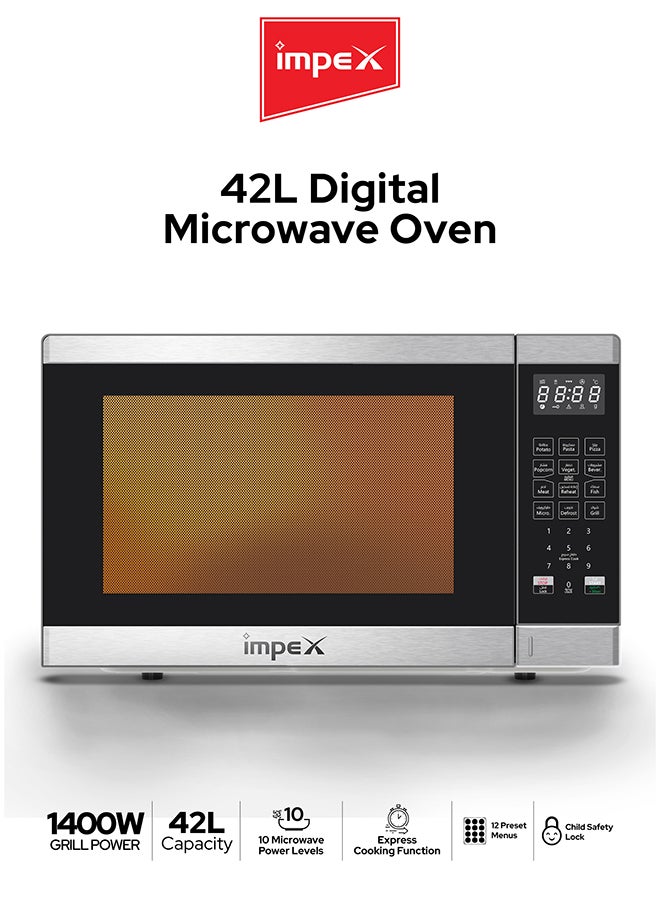 Impex Digital Microwave Oven | Large Capacity Oven | 12 Preset Menus, 10 Power Levels | Turnable Glass Tray | Cooking Completion Alert | 99 Minutes Cooking Timer | 1400W Grill & 1000W Output Power - 42 L 1400 W MO8142DGB Silver And Black - Image 1
