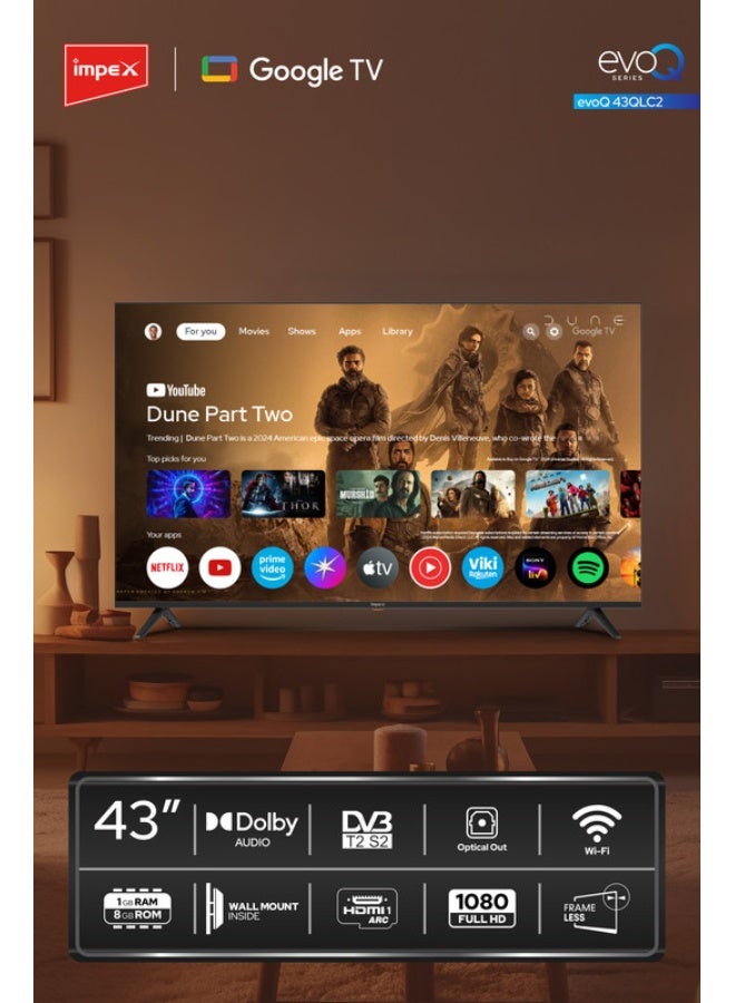 Impex 43 Inch QLED FHD Google TV, Voice Remote, Google Assistant television, Chromecast, HDMIx4, USBx2, DVB T2 S2, A+ Panel, 1GB RAM 8GB ROM, 1920x1080, Slim Design With Wall Mount 2Y Warranty – evoQ 43QLC2 Black - Image 3