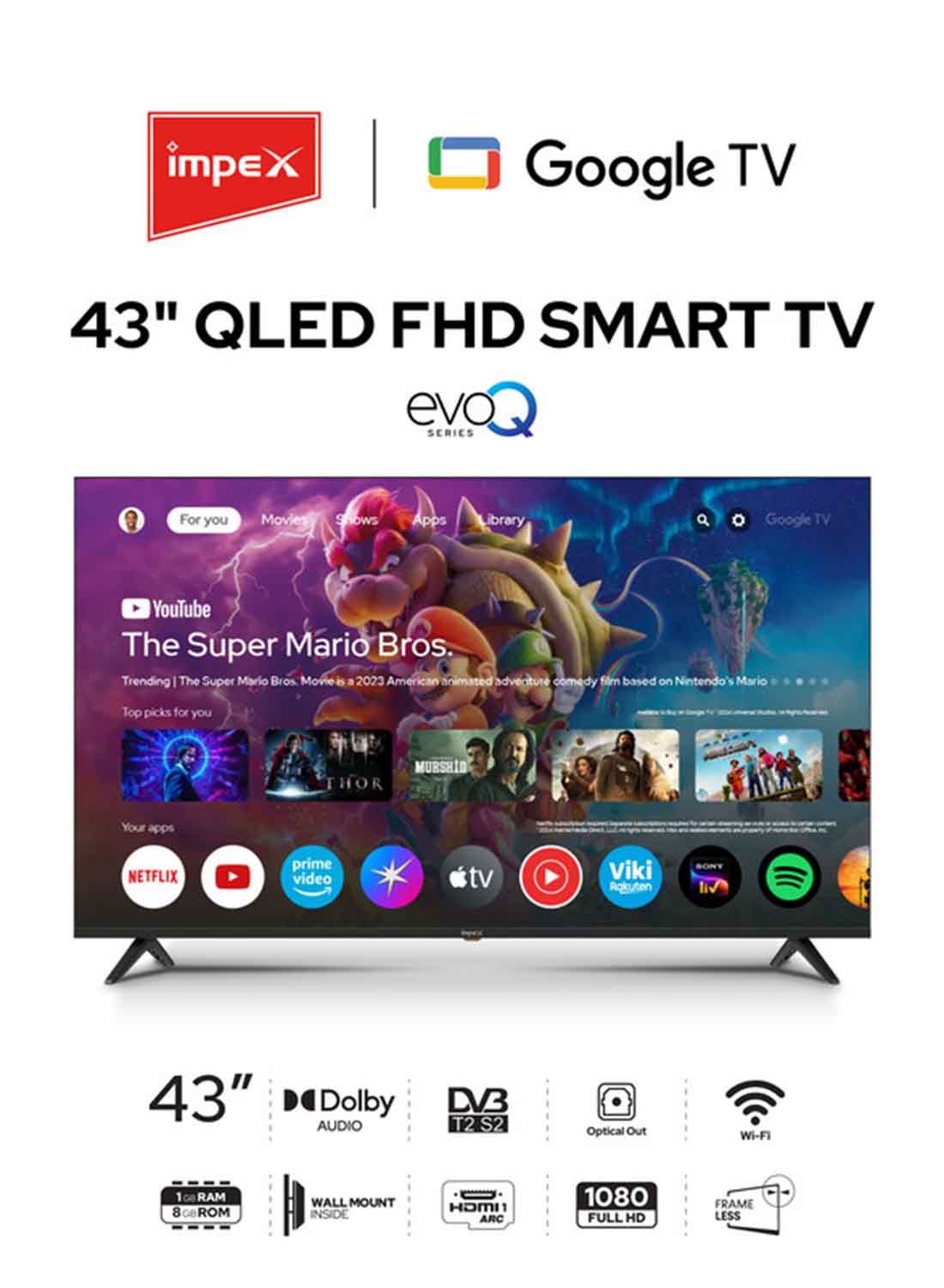 43 Inch QLED FHD Google TV, Voice Remote, Google Assistant television, Chromecast, HDMIx4, USBx2, DVB T2 S2, A+ Panel, 1GB RAM 8GB ROM, 1920x1080, Slim Design With Wall Mount 2Y Warranty – evoQ 43QLC2 Black