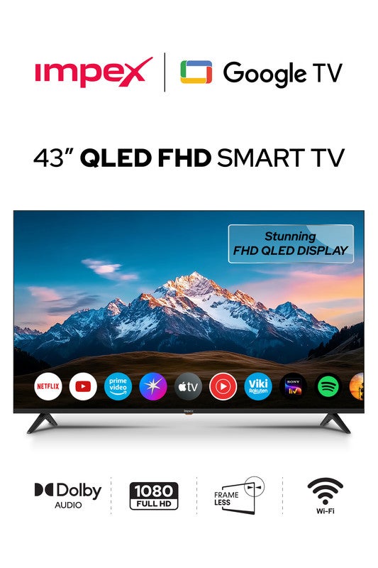 إمبكس تلفاز جوجل QLED FHD بحجم 43 بوصة، جهاز تحكم صوتي، تلفاز جوجل أسيستنت، كروم كاست، HDMIx4، USBx2، DVB T2 S2، لوحة A+، 1GB RAM 8GB ROM، 1920x1080، تصميم نحيف مع حامل جداري ضمان 2 سنوات – - Image 1