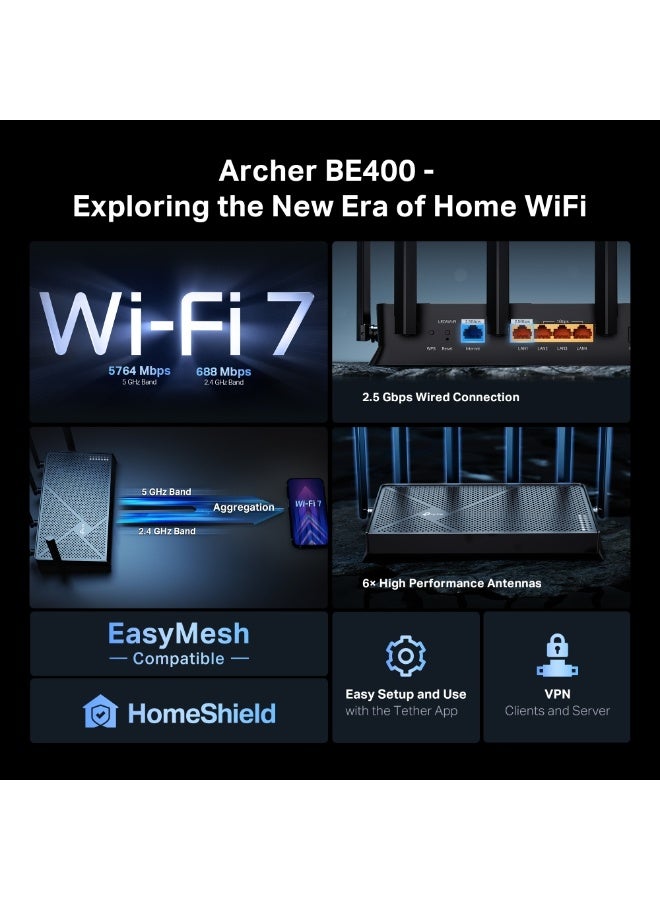 تي بي لينك Archer BE400, BE6500 Dual-Band Wi-Fi 7 Router, 6.5Gbps, 5GHz, 6 High-Performance Antennas, 2.5Gbps Port, EasyMesh, HomeShield, Multi-Link, VPN, Easy Setup, Tether App BLACK - Image 4