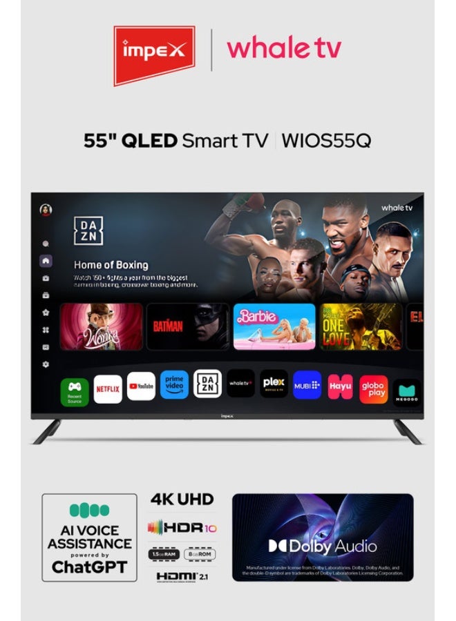 Impex 55 Inch QLED 4K UHD Smart TV (Wios55Q) | 4K Resolution Television | ChatGPT AI Voice Assistant | 2 Year Warranty | 8GB Storage, 1.5GB RAM | Netflix, Prime, YouTube | HDMI x2 | USB x2 | 110W Power | RJ45 & AV Inputs Wios55Q black - Image 1