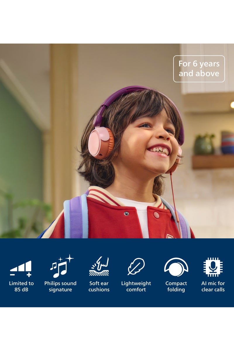 فيليبس TAK2000MP Kids On-Ear Wired Headphones with Mic, Volume Limited to 85dB, Clear Calls, Durable & Foldable, 3.5mm to USB-C Cable Included, Comfortable Fit, Over-Ear Headset for Online Learning, School, Travel, Play (Magenta Purple) purple - Image 2