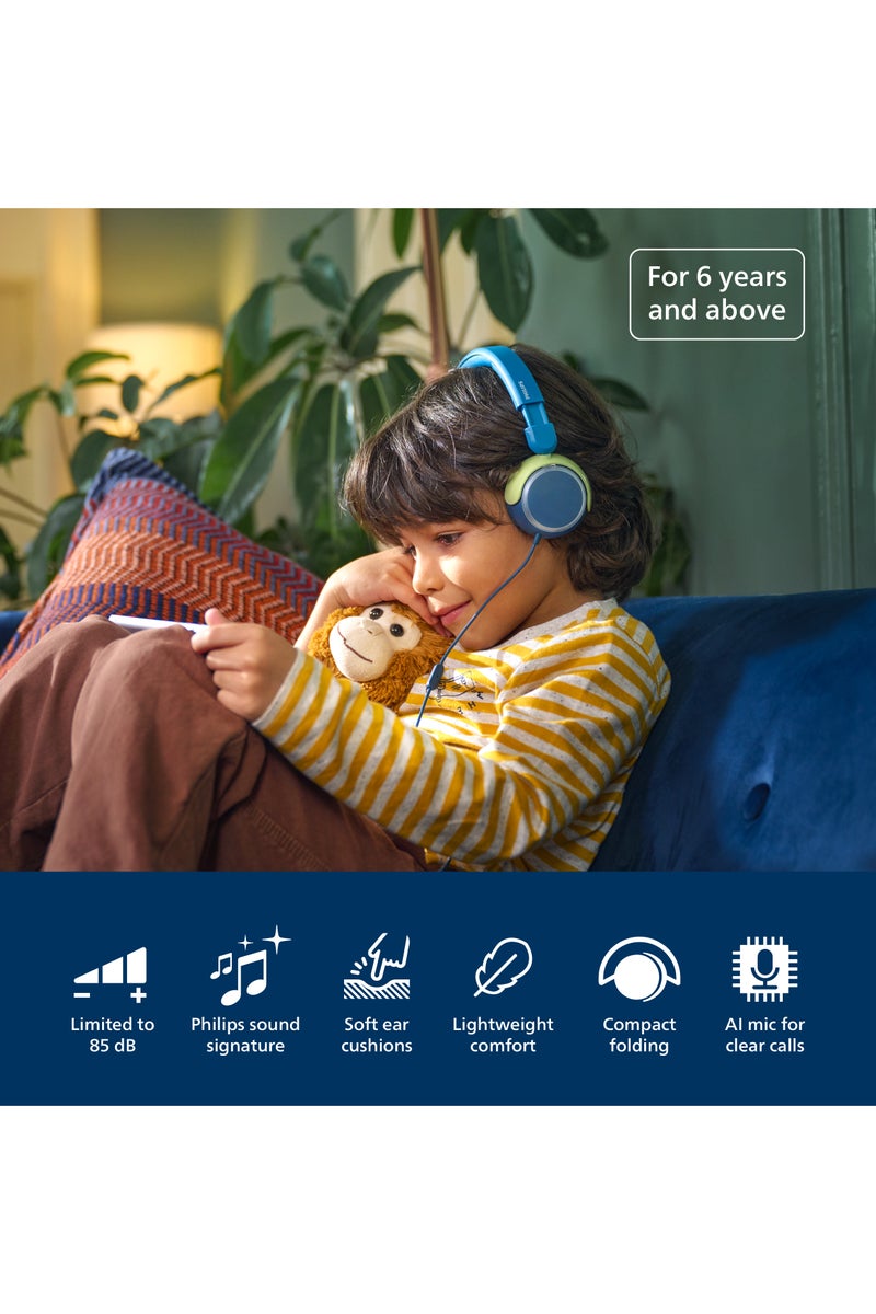 فيليبس TAK2000CT Kids On-Ear Wired Headphones with Mic, Volume Limited to 85dB, Clear Calls, Durable & Foldable, 3.5mm to USB-C Cable Included, Comfortable Fit, Over-Ear Headset for Online Learning, School, Travel, Play (Chrystal Teal) Chrystal Teal - Image 2