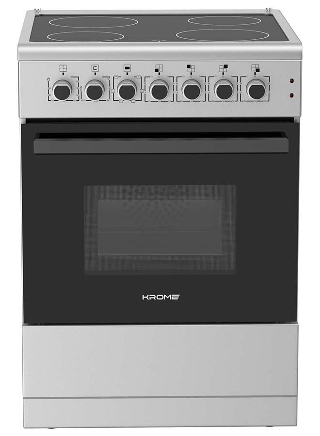 Krome 60x60 cm Freestanding Electric Cooker with Vitroceramic Hob, 4 Zones, Thermostat Oven, Turbo Fan, Grill, Dishwarmer, Double Glass Door, A-Class Energy KR-CC6060O Silver - Image 1