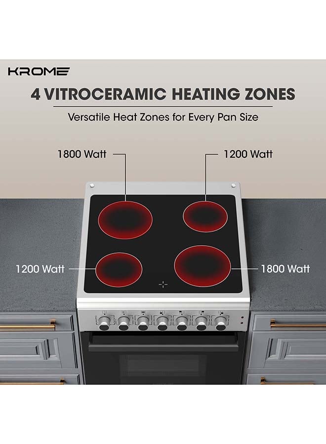 Krome 60x60 cm Freestanding Electric Cooker with Vitroceramic Hob, 4 Zones, Thermostat Oven, Turbo Fan, Grill, Dishwarmer, Double Glass Door, A-Class Energy KR-CC6060O Silver - Image 3