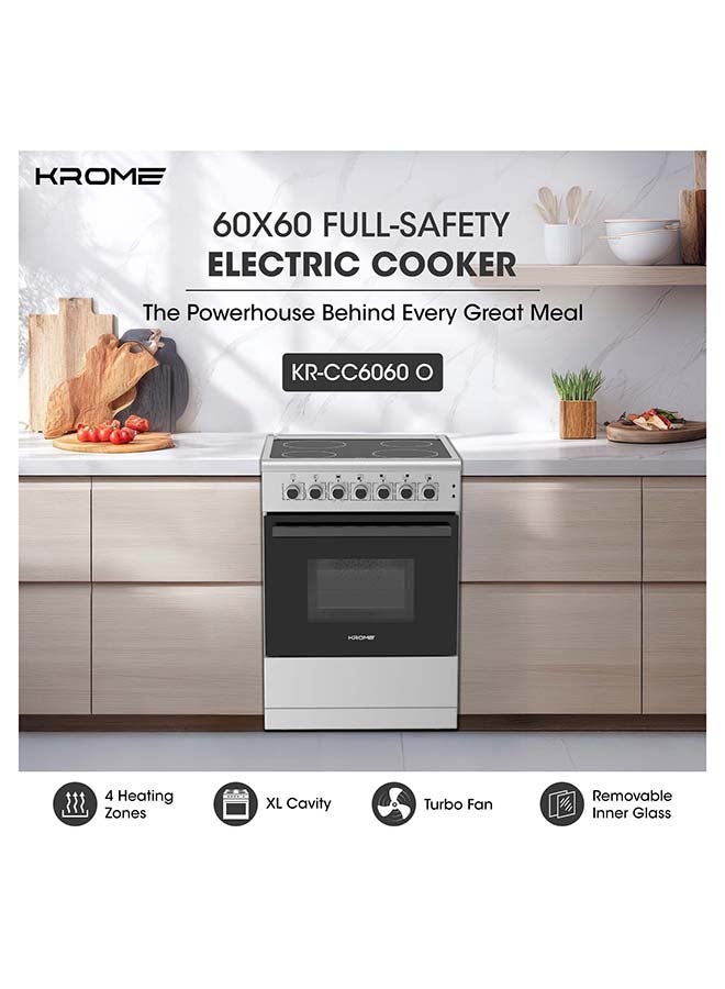 Krome 60x60 cm Freestanding Electric Cooker with Vitroceramic Hob, 4 Zones, Thermostat Oven, Turbo Fan, Grill, Dishwarmer, Double Glass Door, A-Class Energy KR-CC6060O Silver - Image 2