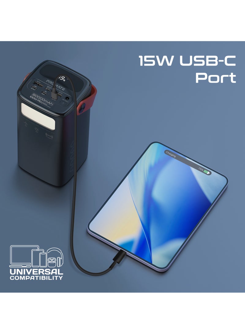 بروميت Promate Power Bank, 100W USB-C PD Fast Charging, 4 Outputs, 3 Inputs, Solar DC, Lightning, Digital Display, LED Light Portable Charger PowerMine-80Pro black - Image 4
