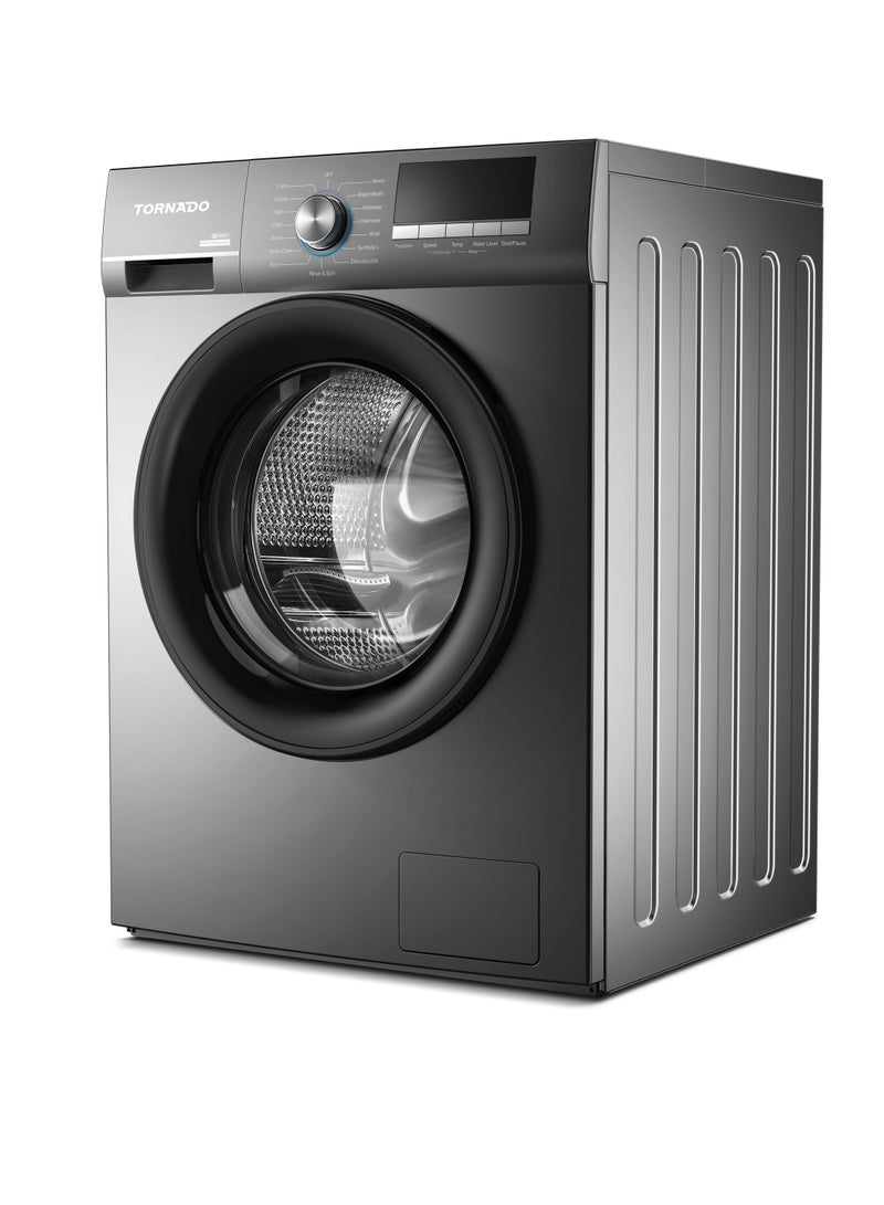 TORNADO Front Load Inverter Washing Machine, 8kg Capacity, BLDC Inverter Motor, 1200 RPM, Stainless Steel Drum, Quick Wash 15min, High Temperature Self-Cleaning, Child Lock 8 kg TWX-FV812GOSSU Silver