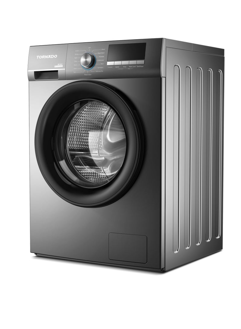 Tornado Front Load Inverter Washing Machine, 10kg Capacity, BLDC Inverter Motor, 1200 RPM, Stainless Steel Drum, Quick Wash 15min, TwinWash, Child Lock, Energy Efficient, Model TWX-FV1012GOSSU - Silver TWX-FV1012GOSSU - Silver 10 kg TWX-FV1012GOSSU silver