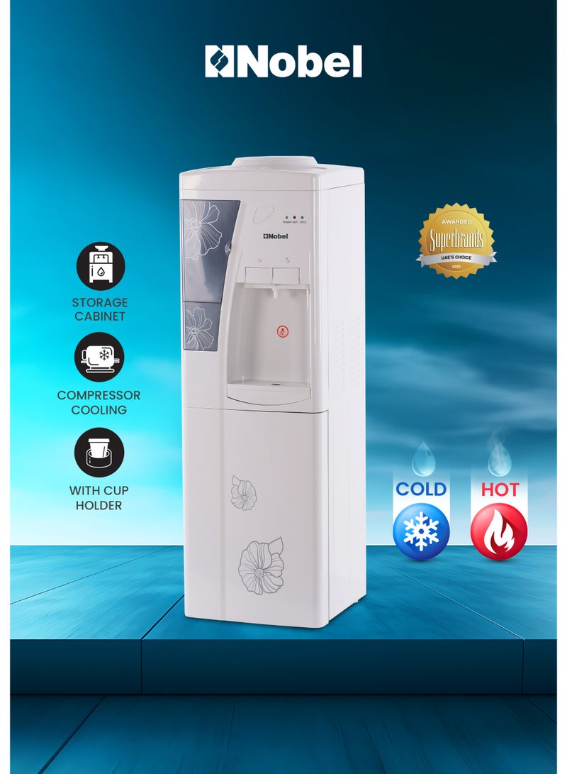 نوبل موزع مياه قائم مستقل نوبل 550 واط ساخن وبارد، 5 لتر ساخن/2 لتر بارد في الساعة، خزانة تخزين، تبريد بالكمبريسور، تسخين - NWD1609 - Image 1