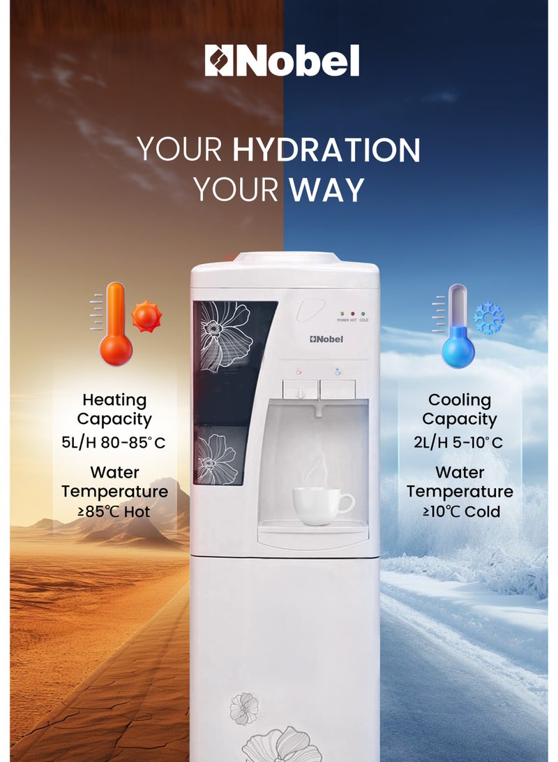 نوبل موزع مياه قائم مستقل نوبل 550 واط ساخن وبارد، 5 لتر ساخن/2 لتر بارد في الساعة، خزانة تخزين، تبريد بالكمبريسور، تسخين - NWD1609 - Image 3