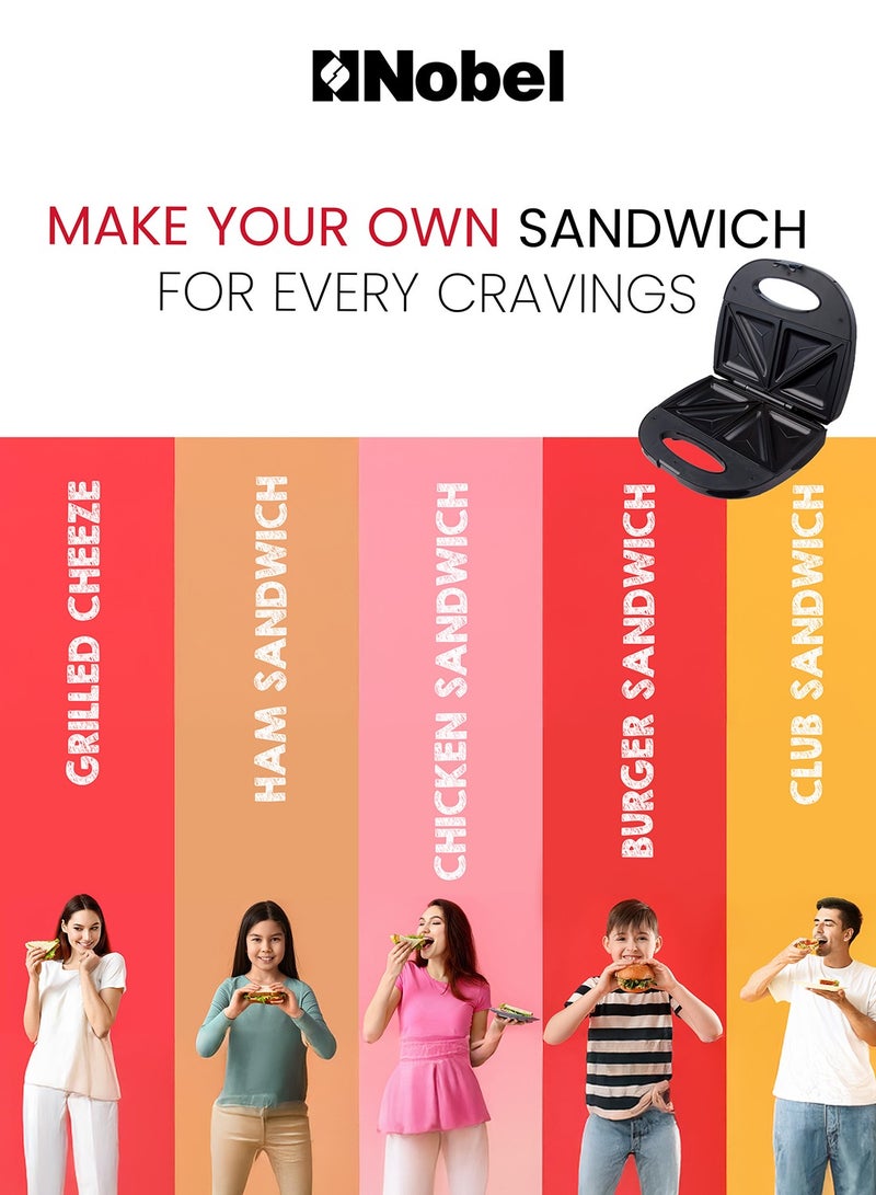 نوبل Nobel Sandwitch Plate Grill Plate Fixed Temperature Control with LED Power Indicator NSM25S Black/Silver 700 W NSM25S Black Silver - Image 3
