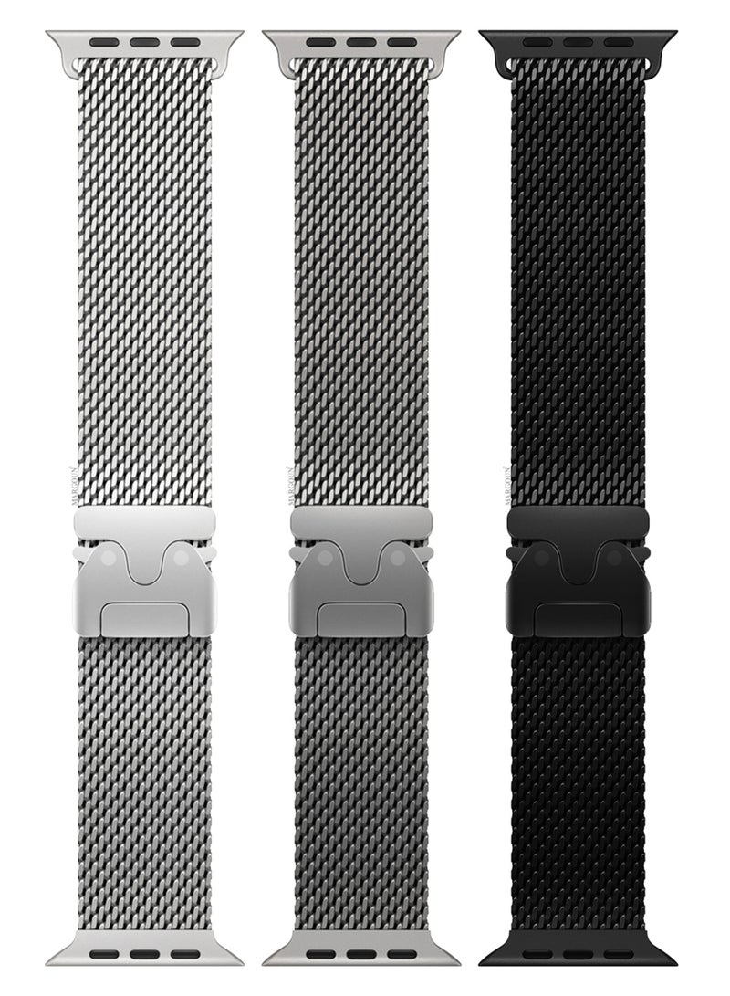 MARGOUN 3Packs Milanese Loop for Apple Watch Band Ultra 2 Band Ultra 49mm 46mm 45mm 44mm, Parachute-Style Buckle Stainless Steel Mesh Metal Band for iWatch Series 10-1 SE Multicolour-4 - Image 2