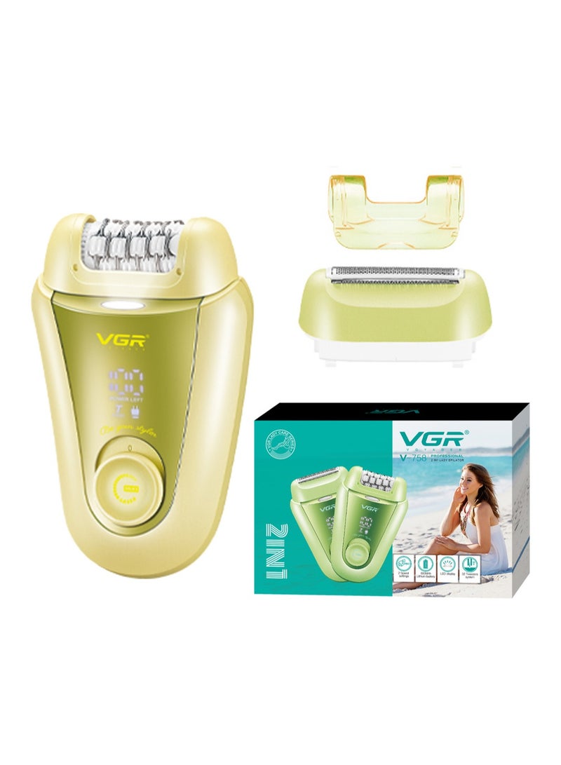 في جي آر V-758 جهاز إزالة الشعر الكهربائي 2 في 1، 32 ملقط، شاشة LED، وقت تشغيل 90 دقيقة، شحن USB-C - أخضر - Image 1