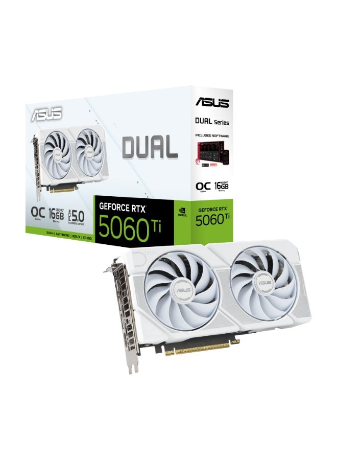 ASUS Dual GeForce RTX 5060 Ti OC White Edition 16GB GDDR7 Graphics Card, PCIe 5.0, 2632MHz Boost Clock, 4608 CUDA Cores, HDMI 2.1, 3x DisplayPort 2.1, Dual Axial-Tech Fans, 2.5-Slot, 0dB Tech, Dual BIOS, AI-Ready, VR-Ready, Ray Tracing, DLSS 3, GPU Tweak III | 90YV0MH6-M0NA00 White - Image 2