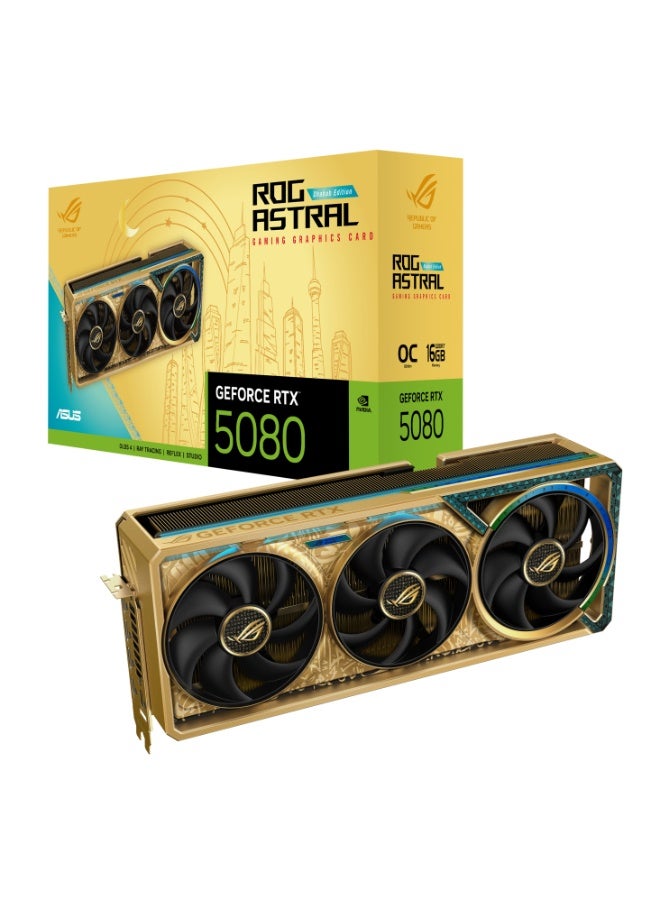 ASUS ROG Astral GeForce RTX 5080 Dhahab Core OC Edition 16GB GDDR7 Graphics Card, 2760MHz Boost (OC 2790MHz), 10752 CUDA Cores, PCIe 5.0, AI 1899 TOPS, Quad-Fan Cooling, Vapor Chamber, HDMI 2.1b & DP 2.1b, Gold Die-Cast Frame, GPU Tweak III, Power Detector+, ROG Certified | 90YV0LV6-M0NM00 Beige - Image 1