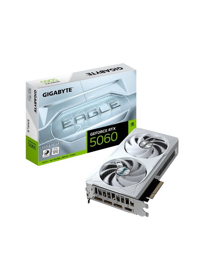 GIGABYTE GeForce RTX 5060 EAGLE OC ICE 8GB GDDR7 PCIe 5.0 Graphics Card, 3840 CUDA Cores, 2550 MHz Boost Clock, 128-bit Memory Bus, 28 Gbps Memory Speed, WINDFORCE Dual Fan Cooling, 3x DisplayPort 2.1b, 1x HDMI 2.1b, NVIDIA DLSS 4 & Reflex 2, Ray Tracing, 8-pin Power, White Sci-Fi Design | GV-N5060EAGLEOC ICE-8GD White - Image 1