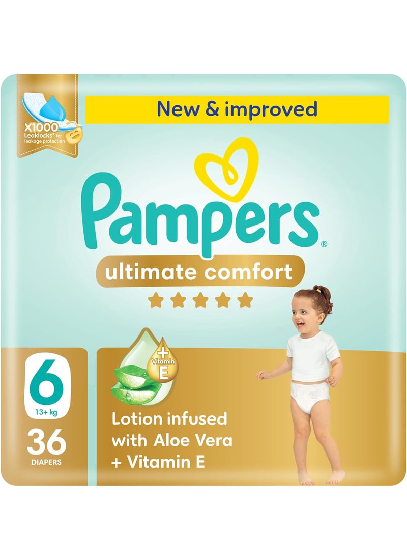 Pampers Ultimate Comfort Taped Diapers, Size 6, 13+kg, Lotion infused with Aloe Vera and Vitamin E, Mega Pack - Image 1