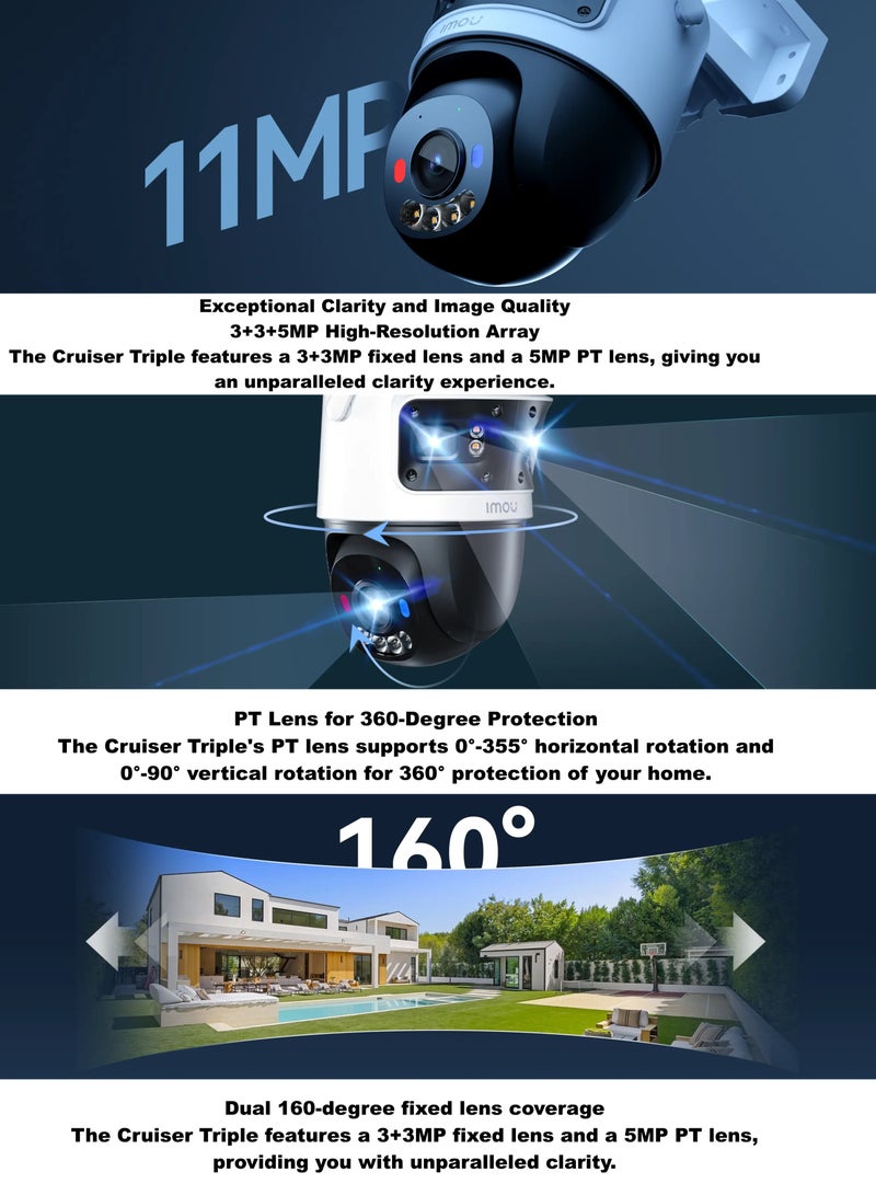 IMOU Cruiser Triple Smart Outdoor Surveillance Camera 11MP Resolution, flawless insights, HD Clarity Matrix, Triple Lens (3mp Two Fixed Lenses + 5mp 360° Pan/Tilt Lens), Full-Color Night Vision, Two-Way Audio, Smart Human & Vehicle Detection, Always-on Recording Mode, AIgo Play, Dual SD Card Slots, Wifi 6 - Image 3
